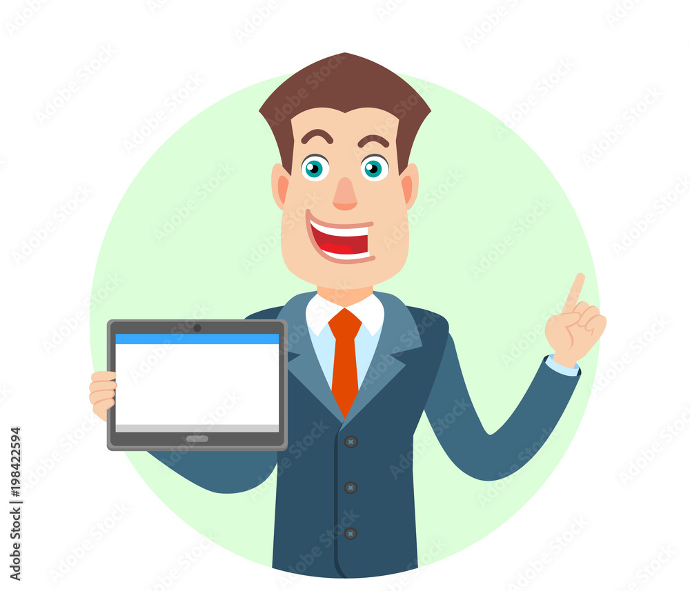 Businessman holding tablet PC and pointing up Businessman holding tablet PC and pointing up