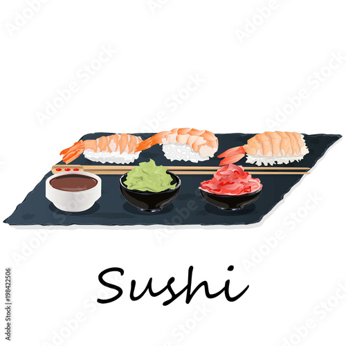 Illustration of roll sushi with salmon, prawn, avocado, cream cheese. Sushi menu. Japanese food isolated.