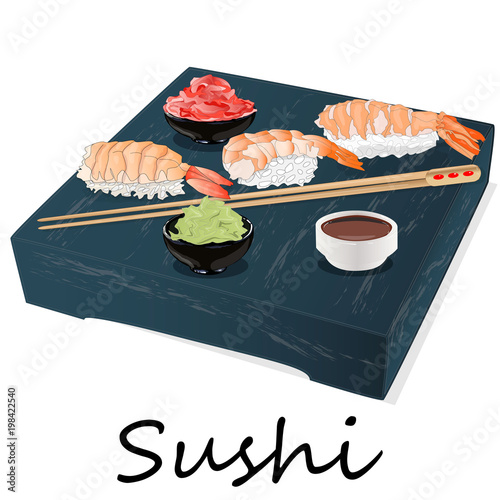 Illustration of roll sushi with salmon, prawn, avocado, cream cheese. Sushi menu. Japanese food isolated.