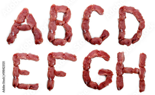 Alphabet from fresh meat isolated on a white background.The letter A B C D E F G H.