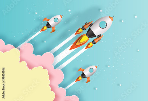 Paper art style of rockets flying in space, start up concept, flat-style vector illustration.