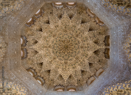 GRANADA  SPAIN - March 2018  Arches and columns of Alhambra. It is a palace and fortress complex located in Granada.