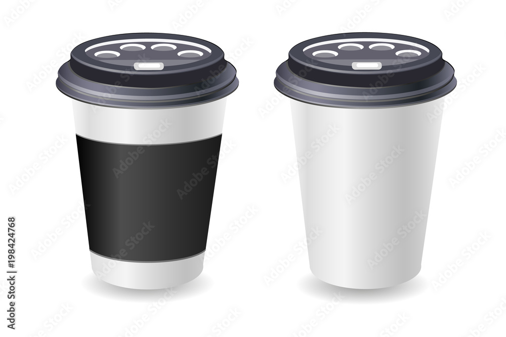 Paper blank coffee cup. Plastic and carton black coffee or tea cup mock Up. Isolated on white background. Vector Paper blank coffee cup. Plastic and carton black coffee or tea cup mock Up. Isolated on white background. Vector