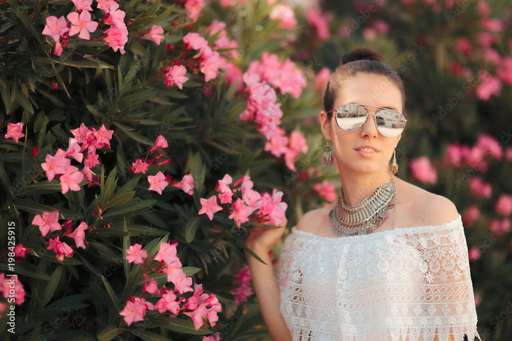 Bohemian Summer Festival Look Woman with Sunglasses and Jewelry Set Bohemian Summer Festival Look Woman with Sunglasses and Jewelry Set