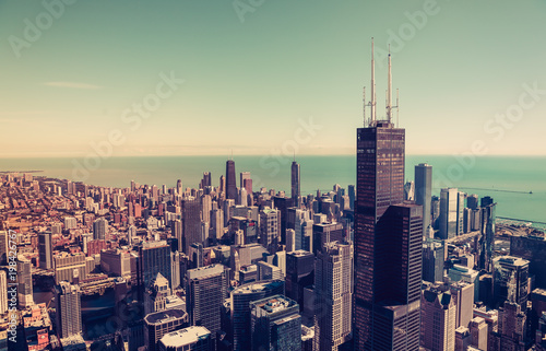 Downtown Chicago aerial view. Skyscrapers with Lake Michigan