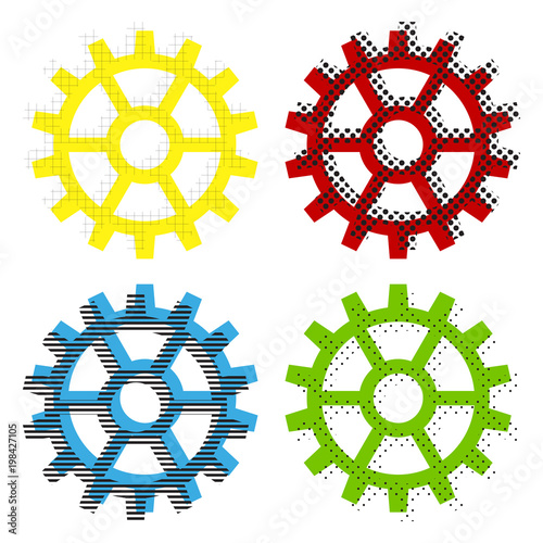 Gear sign. Vector. Yellow, red, blue, green icons with their bla
