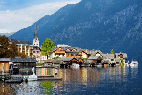 Scenic view of Hallstatt lakeside town in the Austrian Alps on beautiful day in autumn. Hallstatt, situated on Hallstatter See, a market town in the district of Gmunden.