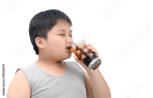 Obese fat boy drinking cola isolated on white