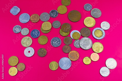 worlds coins background red texture
