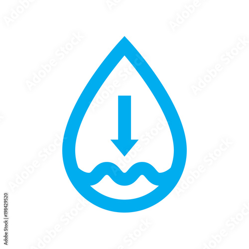 Low water supply level icon. Blue water drop shortage symbol isolated on white background. Vector illustration.