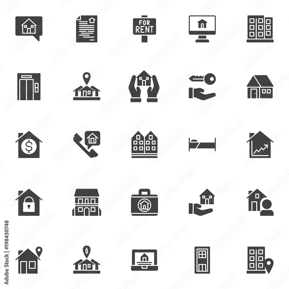 Estate vector icons set, modern solid symbol collection, filled style pictogram pack. Signs, logo illustration. Set includes icons as house in chat bubble, contract, house for rent sign board, office 