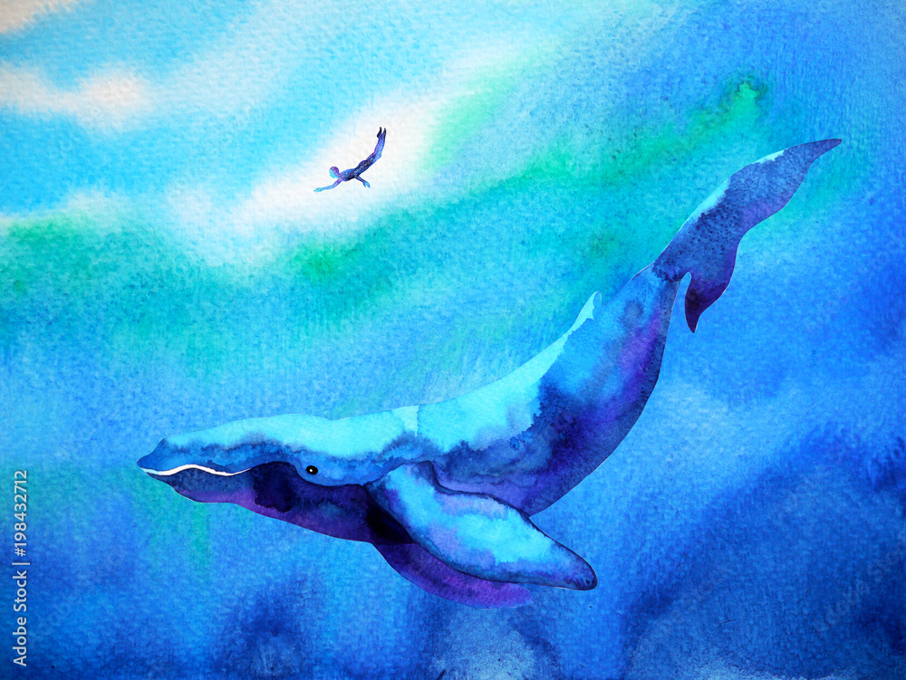 Naklejka premium człowiek i wieloryb nurkowanie, pływanie pod wodą razem akwarela ilustracja ciągnione
