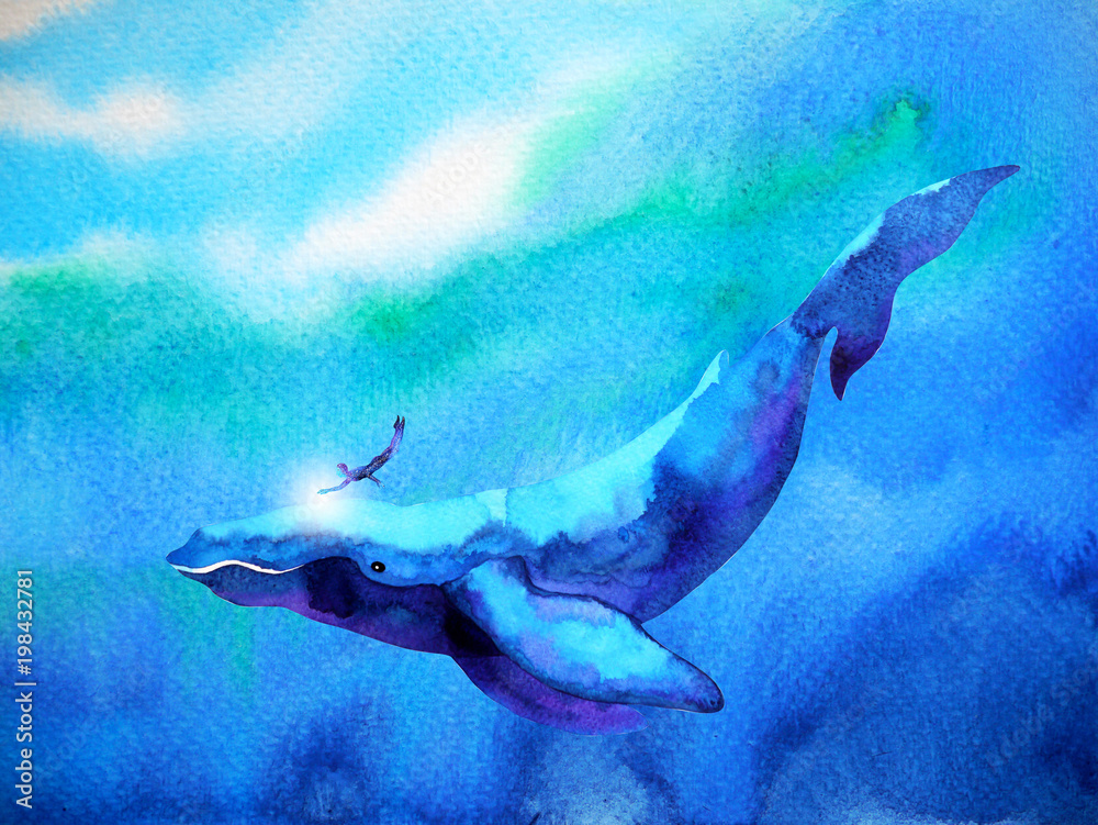 Obraz premium człowiek i wieloryb nurkowanie, pływanie pod wodą razem akwarela ilustracja ciągnione