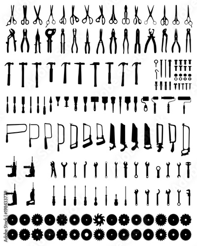Set of black silhouettes of tools on a white background