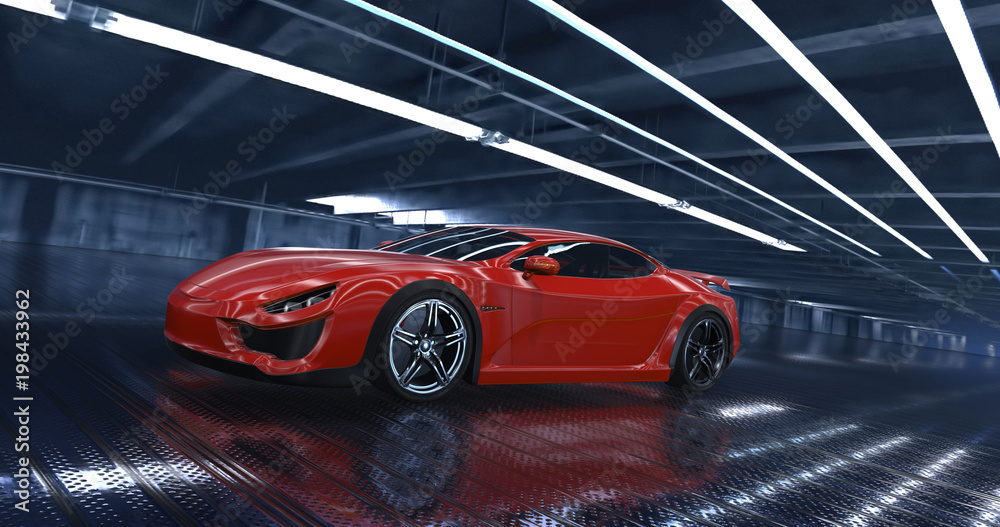 Obraz premium Luxury concept sports car 3d model in a showroom. Reflections all around.