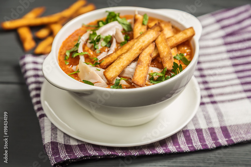 Tortilla soup with chicken. The national dish of Mexican cuisine