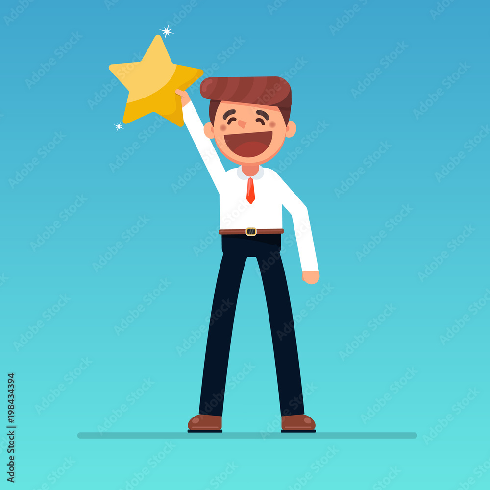 Businessman hold a big gold star. Victory, rating. Vector, illustration, flat. Businessman hold a big gold star. Victory, rating. Vector, illustration, flat.