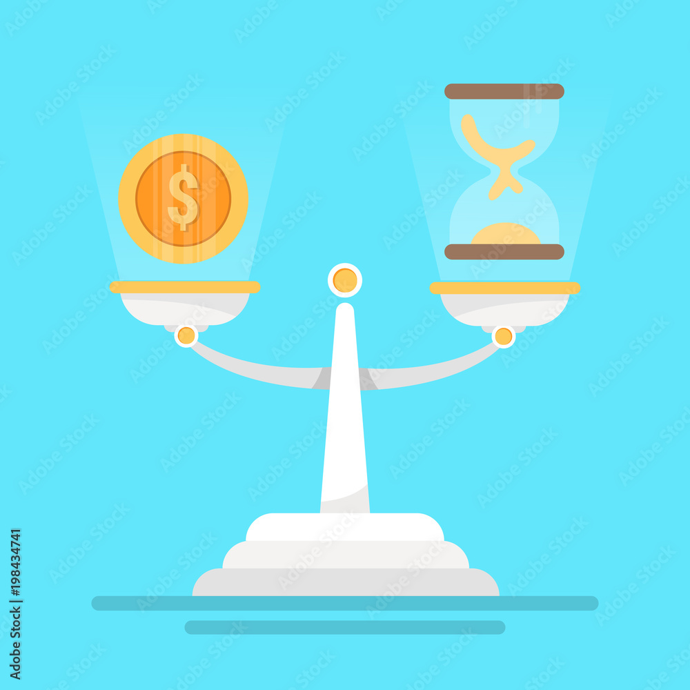 time and money on the balance scale , balance life concept, concept of make money more important than your free time, vector illustration time and money on the balance scale , balance life concept, concept of make money more important than your free time, vector illustration