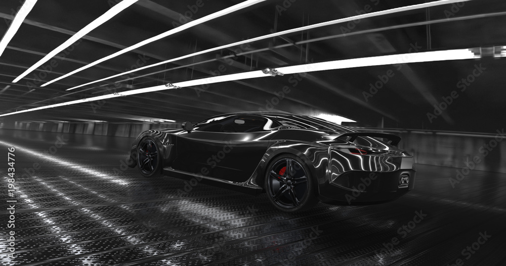 Luxury black concept sports car 3d render. Reflections all around.