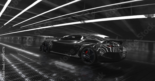 Luxury black concept sports car 3d render. Reflections all around.