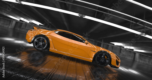 Luxury orange concept sports car 3d render. Reflections all around.