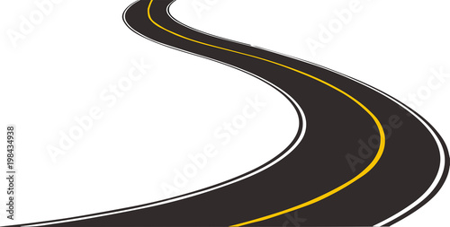 Curved road with yellow lines. Vector illustration. Road isolated on white background