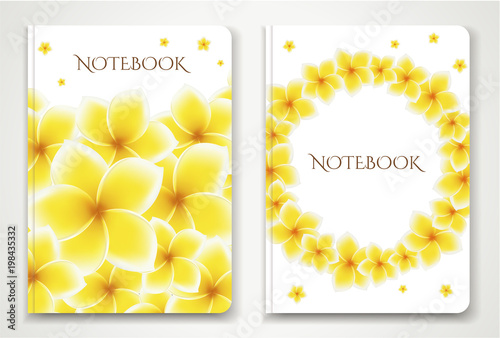 Cover designI of Notebook/ Planner with isolated Frangipani / plumeria flowers. Vector illustration on white background used foe book cover, brochure, booklet
