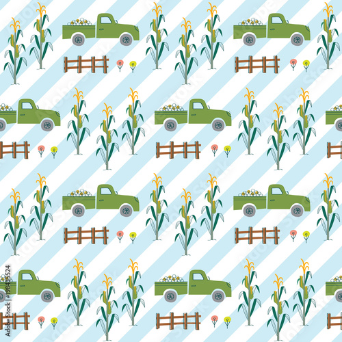 Truck in corn farm with fence blue stripe background. A playful, modern, and flexible pattern for brand who has cute and fun style. Repeated pattern. Happy and bright mood.