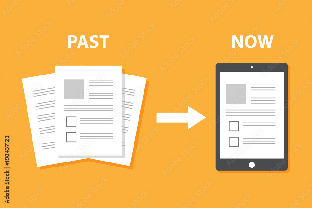 Evolution of devices from paper to smart gadget, innovation digital concept document pass to tablet screen display, future technology device, icon, symbol, object, paperless, flat style cartoon vector