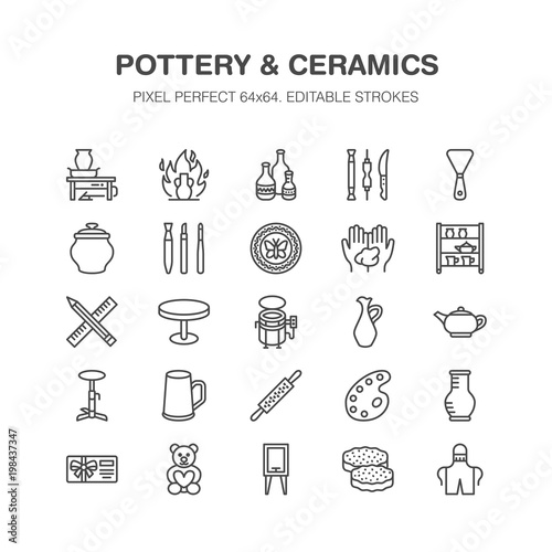 Pottery workshop, ceramics classes line icons. Clay studio tools signs. Hand building, sculpturing equipment - potter wheel, electric kiln, tools. Pixel perfect 64x64.