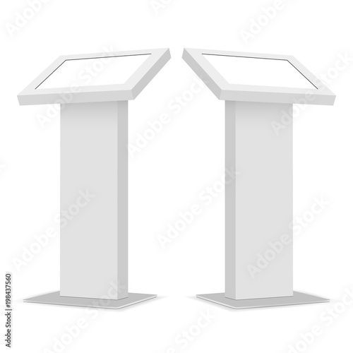Floor standing digital kiosk - side view. Touch screen terminal isolated on white background. Vector illustration