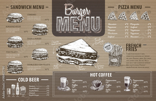 Vintage  burger menu design on cardboard. Fast food menu