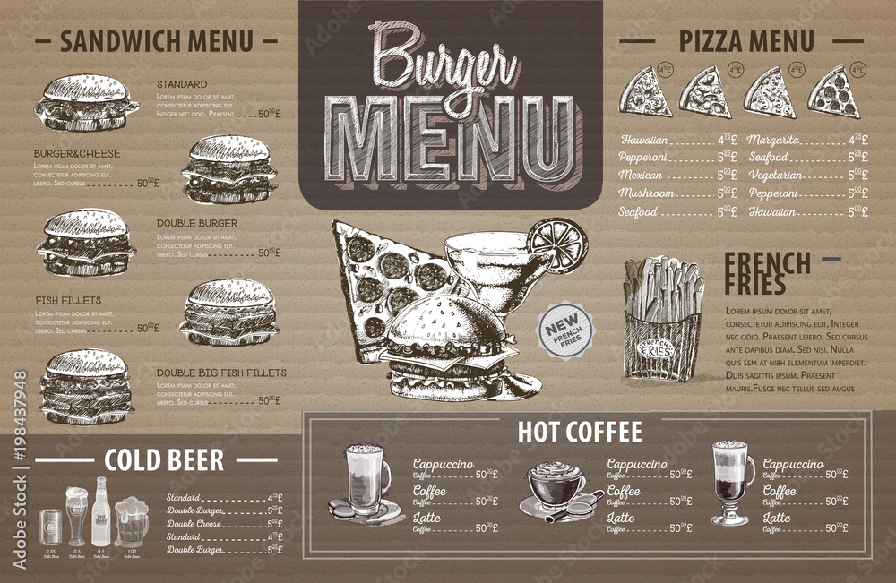 Fototapeta Vintage burger menu design on cardboard. Fast food menu