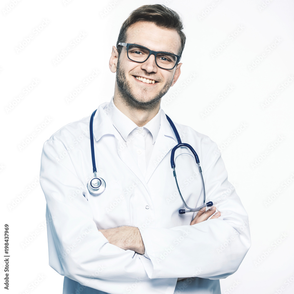 portrait - a family doctor with stethoscope on white background portrait - a family doctor with stethoscope on white background