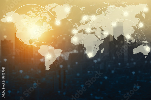 World map and digital connection technology icons with blurred city on background. Business and technology background concept. photo