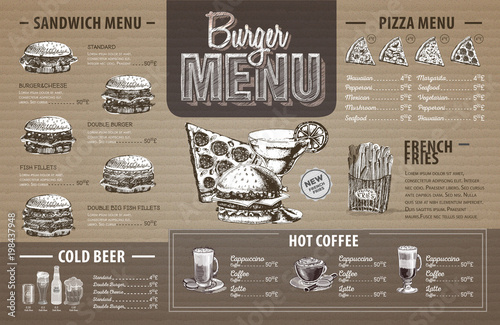 Fototapeta Vintage burger menu design on cardboard. Fast food menu