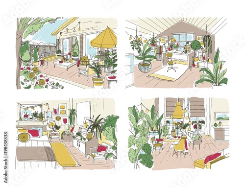 Bundle of colorful free sketches of house or apartment furnished in Scandinavian style. Set of rooms full of stylish furniture. Trendy home interior design. Hand drawn vector illustration.