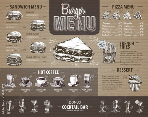 Vintage  burger menu design on cardboard. Fast food menu