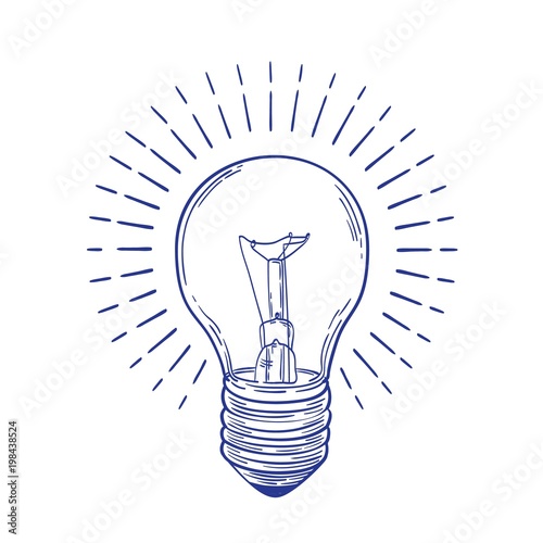 Glowing incandescent light bulb hand drawn with blue contour lines on white background. Monochrome drawing of electric lamp. Symbol of inspiring idea, discovery or solution. Vector illustration.