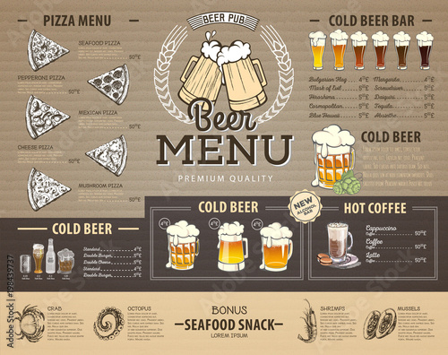 Vintage beer menu design on cardboard. Restaurant menu