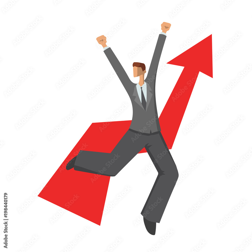 Happy businessman dancing on the background of the rising graph. Vector illustration, isolated on white background.