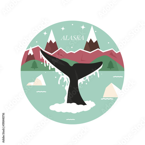 Alaska landscape with forest, mountains and whale