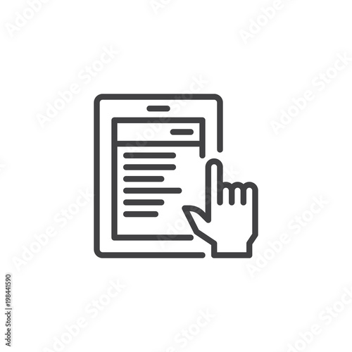 Reading news on tablet outline icon. linear style sign for mobile concept and web design. Finger clicks on tablet display with touch screen simple line vector icon. Symbol, logo illustration
