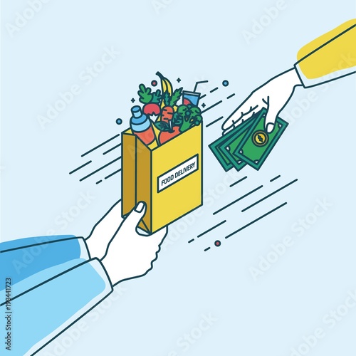 Hands holding paper bag with fruits and vegetables and passing money