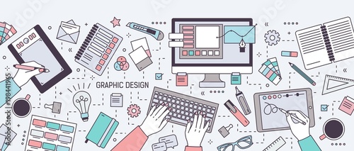 Horizontal banner with hands of designer working in digital vector editor or drawing on tablet surrounded by stationery and art tools. Graphic design. Colored vector illustration in line art style.