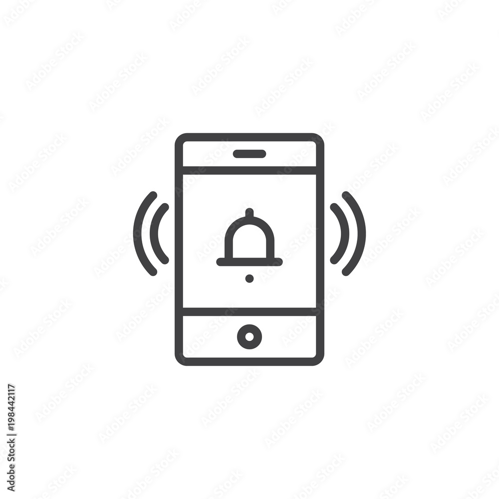 Mobile phone ringing outline icon. linear style sign for mobile concept and web design. Smartphone alarm clock line vector icon. Symbol, logo illustration. Pixel perfect vector graphics Mobile phone ringing outline icon. linear style sign for mobile concept and web design. Smartphone alarm clock line vector icon. Symbol, logo illustration. Pixel perfect vector graphics