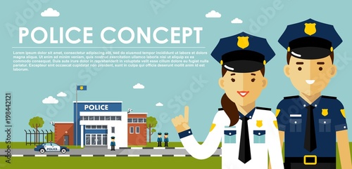 Police concept with cops in flat style. Young policeman and policewoman, city police department building, police car