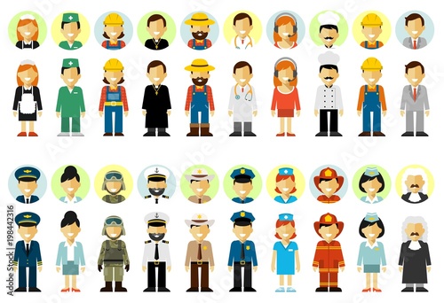 People occupation characters set in flat style isolated on white background. Different people professions characters. Full length and avatars