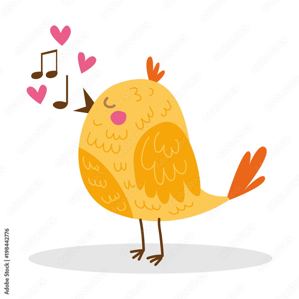 Little orange yellow bird singing a song cute cartoon character object icon  isolated on white background,vector illustration. Stock Vector | Adobe Stock