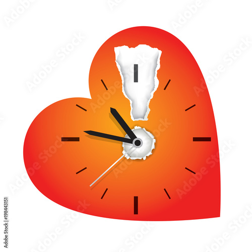 Time limit on love concept.
Red heart symbol with ripped paper Exclamation mark and clock. Vector illustration.
